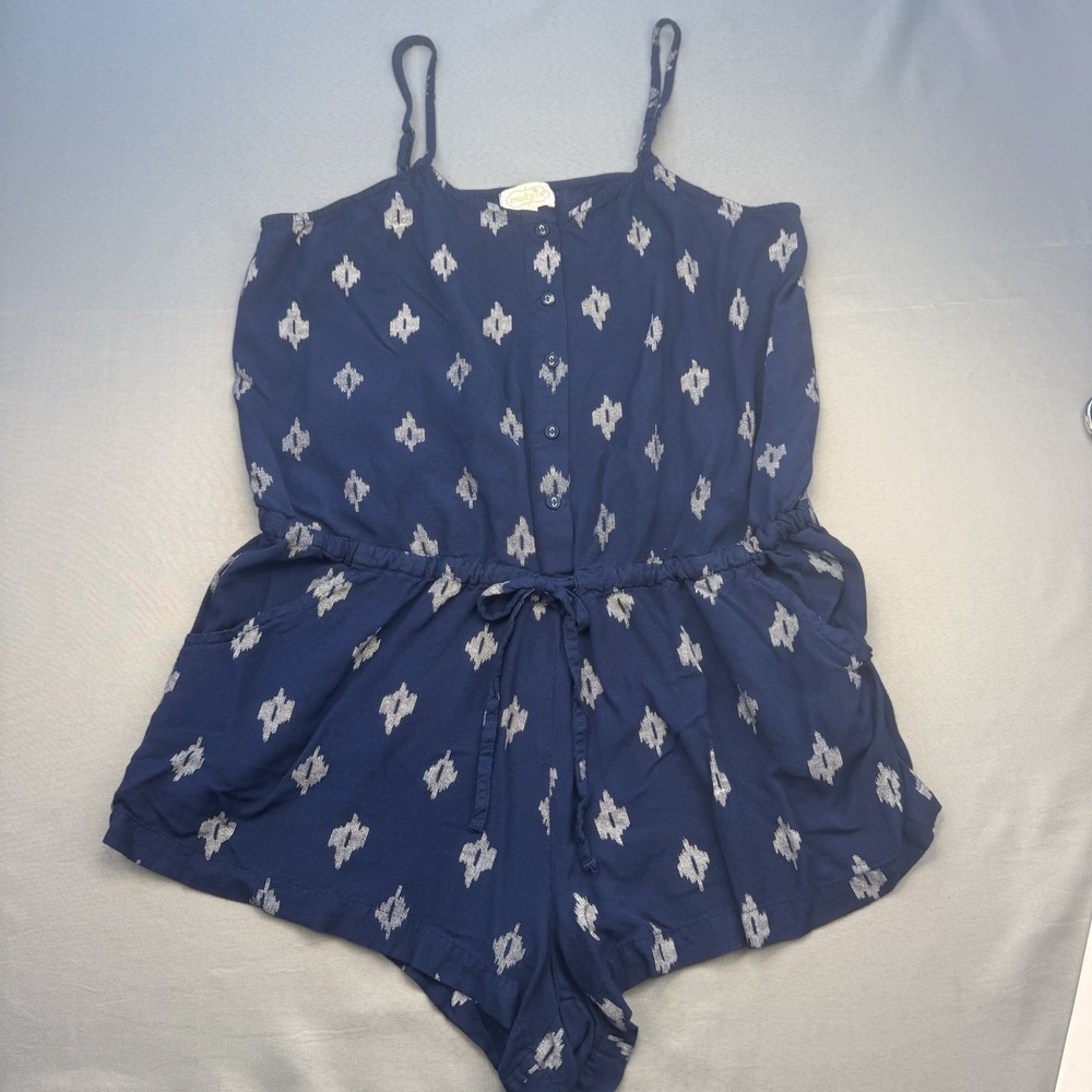 Mud Pie Women's Navy Button Front Drawstring Waist Romper Pockets Size Medium‎